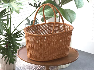 Brown Wicker Basket On Table With Green Plants 3d model