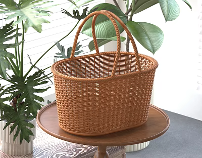 Brown Wicker Basket On Table With Green Plants 3d model Brown Wicker Basket On Table With Green Plants 3d model