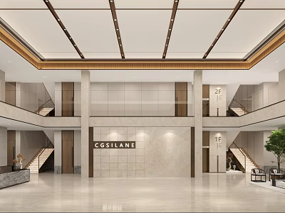 Elegant Front Desk in Modern Lobby With Marble Wall and CGOSLANE Sign 3d model