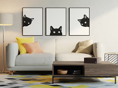 Double Sofa Living Room Setup With Colorful Pillows And Cat Paintings On Wall 3d model