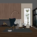 Modern Leather Accent Chair In Cozy Living Room With Fireplace And Floor Plant
