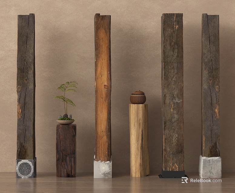 Rustic Wooden Columns With Natural Texture Small Potted Plant And Decorative Jar 3d model 