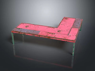 Functional L shaped Desk with Pink Worn Surface and Green Metal Legs Vintage Industrial Design 3d model