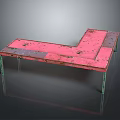 Functional L shaped Desk with Pink Worn Surface and Green Metal Legs Vintage Industrial Design