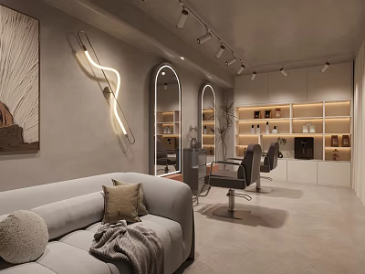 Modern Beauty Hair Salon Interior Design With Comfortable Sofa Styling Chairs And Product Shelves 3d model