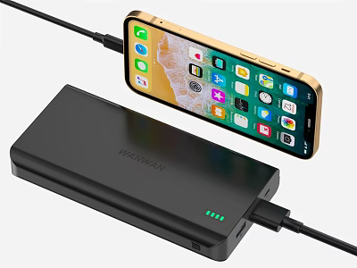 Smartphone Being Charged By Black Portable Power Bank With Screen Showing App Icons 3d model