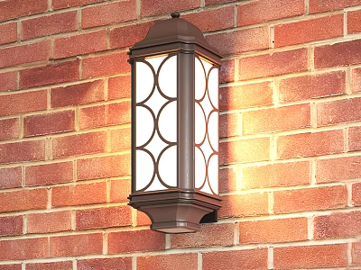 Traditional Wall Light With Dark Brown Finish And Geometric Shade On Red Brick Wall 3d model