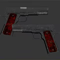 Two Tactical Handguns With Metal Body And Red Grips Displayed On Dark Surface
