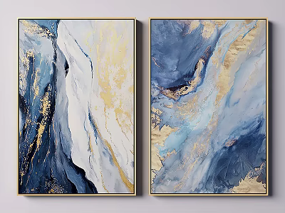 Abstract Blue Gold Fluid Art Wall Decor With Golden Frame And Modern Design 3d model