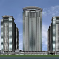 Modern High Rise Buildings With Glass Curtain Wall And Connected Base Under Blue Sky