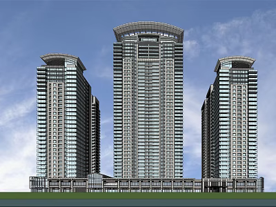 Modern High Rise Buildings With Glass Curtain Wall And Connected Base Under Blue Sky 3d model