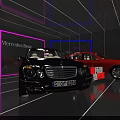 Black and Red Mercedes Benz Cars on Display with Neon Lights Background