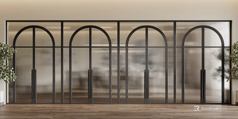 Modern Swing Doors With Frosted Glass Panels And Black Metal Handles Design 3d model 