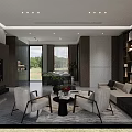 Modern Living and Dining Room with Large Windows Green View Sofa and Dining Table