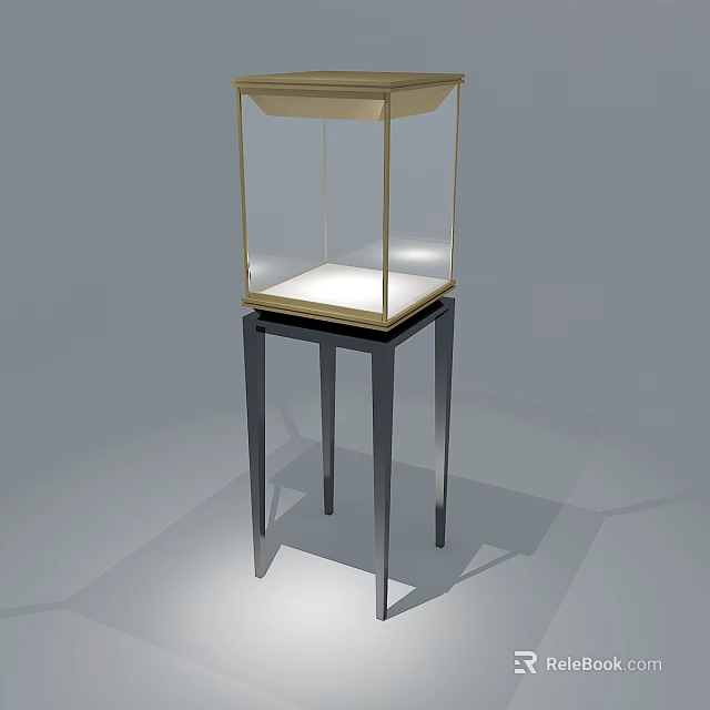 Jewelry Store Glass Showcase With Golden Top Black Metal Stand And White Interior Lighting 3d model 