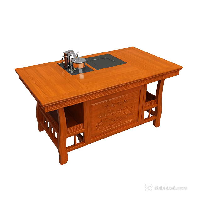 Chinese Style Solid Wood Tea Table With Carved Patterns Built in Tray And Faucet 3d model