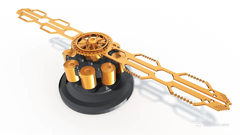 Golden Art Installation With Intricate Gears Interconnected Chains And Cylindrical Elements On Black Base 3d model