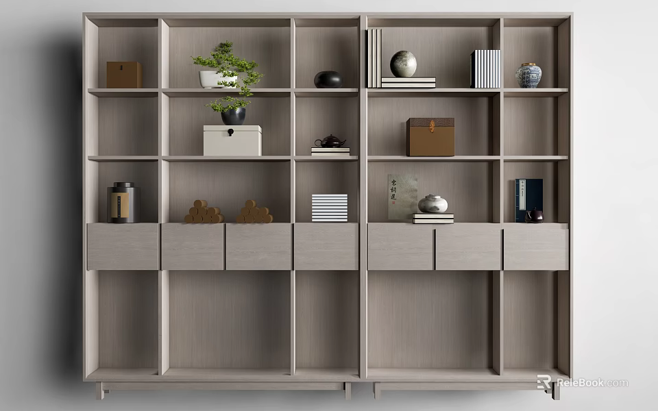 Modern Display Shelving Unit With Open Compartments Drawers Green Plant Books And Decor 3d model 