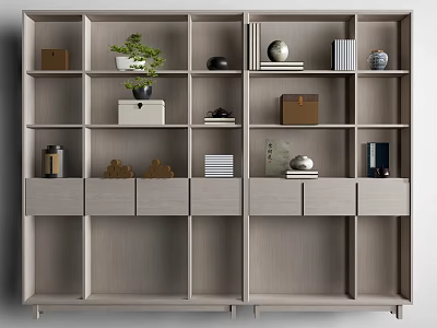 Modern Display Shelving Unit With Open Compartments Drawers Green Plant Books And Decor 3d model