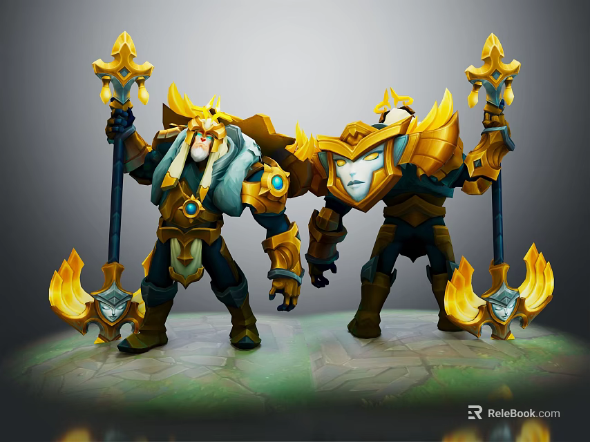 Armored Mythical Warriors and Fire Elemental Creatures With Golden Armor and Flaming Weapons 3d model 