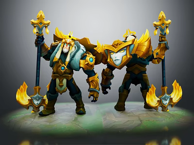 Armored Mythical Warriors and Fire Elemental Creatures With Golden Armor and Flaming Weapons 3d model