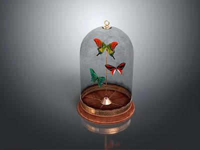 Decorative Ornament Set with Glass Dome and Butterfly Decorations on Copper Base 3d model