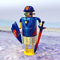 Vibrant Smart Robot With Blue Body Yellow Base Shield Sword And Star Decor On Sandy Beach