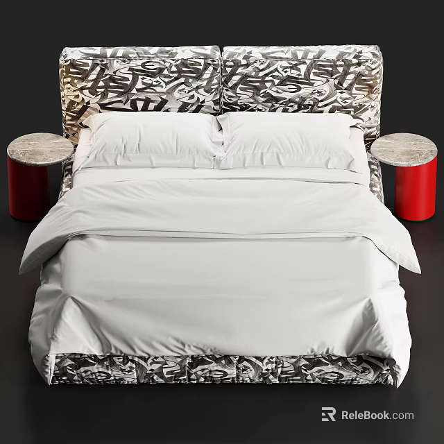 Double Bed with Black White Patterned Headboard White Sheets and Red Round Nightstands 3d model 
