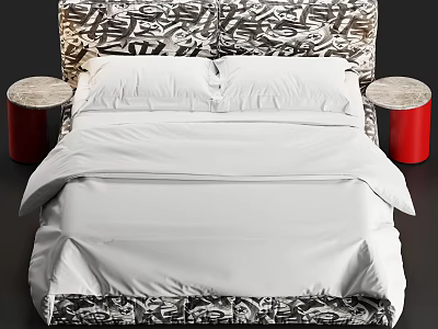 Double Bed with Black White Patterned Headboard White Sheets and Red Round Nightstands 3d model