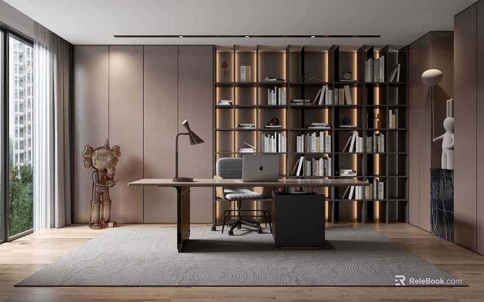 Modern Home Office Interior With Wooden Desk Laptop Office Chair Illuminated Bookshelves And Rug 3d model 