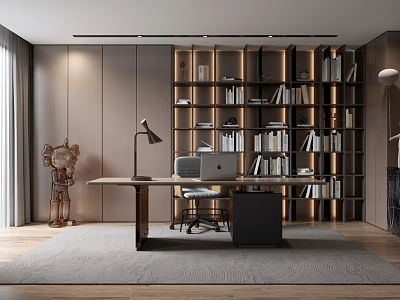Modern Home Office Interior With Wooden Desk Laptop Office Chair Illuminated Bookshelves And Rug 3d model