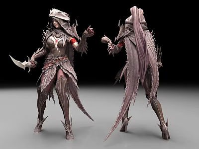 Woman Fantasy Warrior in Elaborate Feathered Armor Wielding Dagger with Long Cloak and Mythical Design 3d model