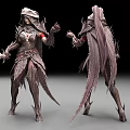 Woman Fantasy Warrior in Elaborate Feathered Armor Wielding Dagger with Long Cloak and Mythical Design