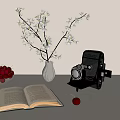 Decorative Ornament Combination With Open Book Cherry Bowl White Flower Branch Vase Vintage Camera Cherry