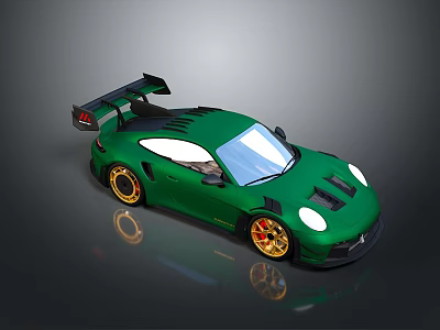 Green Sports Car With Black Rear Spoiler Gold Wheels Roof Vents And Sleek Design 3d model