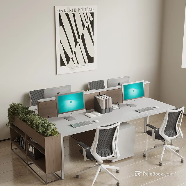 Modern Office Desk Workstation Featuring Multiple Computer Monitors Ergonomic Chairs And Green Plants 3d model