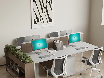 Modern Office Desk Workstation Featuring Multiple Computer Monitors Ergonomic Chairs And Green Plants 3d model