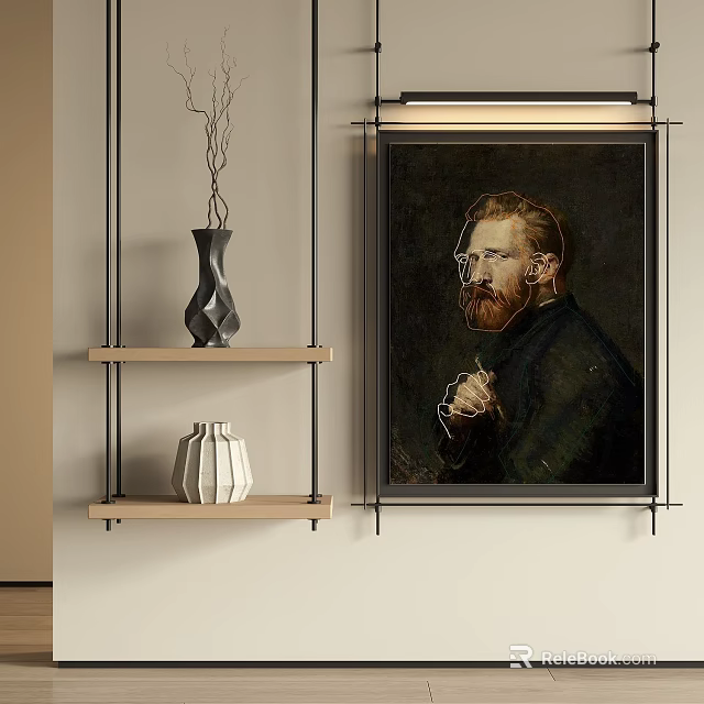Creative Abstract Painting With Modern Frame And Decorative Elements On Living Room Wall 3d model 