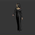 Elegant Woman In Black Long Dress With Lace Sleeves Standing Against Gray Background