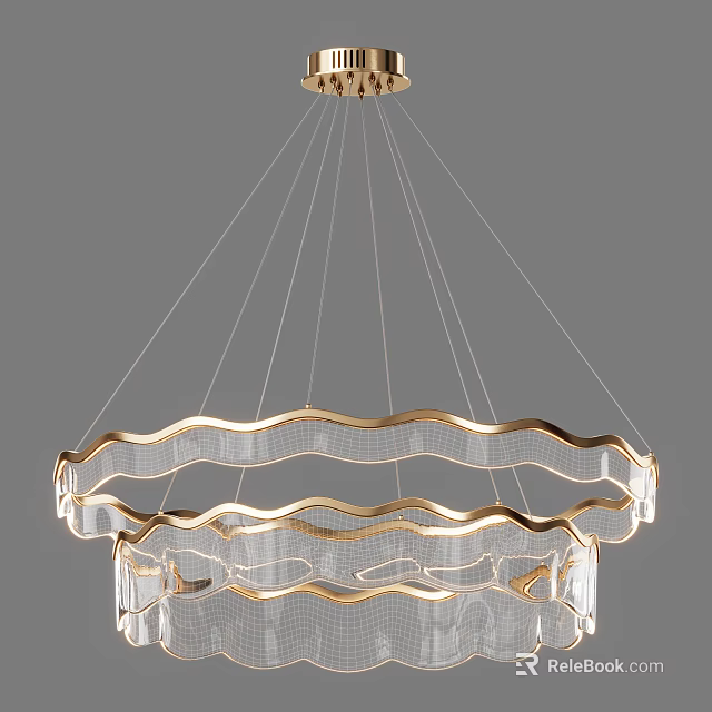 Modern Layered Chandelier With Gold Wavy Frame And Transparent Crystal Design 3d model 