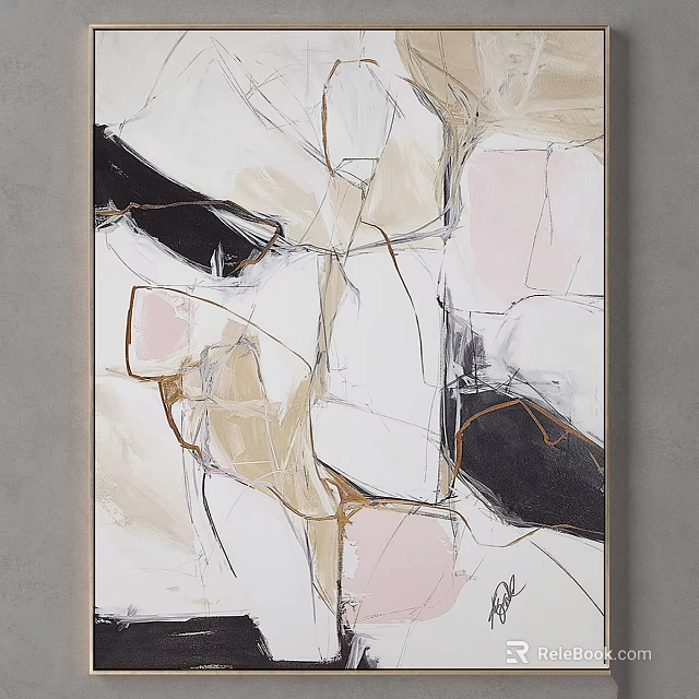Modern Abstract Art Frame With Neutral Tones Black Pink Accents And Brushstrokes 3d model 