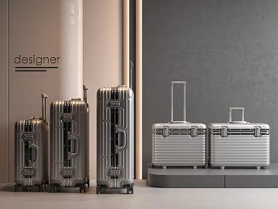 Designer Suitcases Collection With Sleek Metallic Silver Finish And Modern Stylish Handles Wheels 3d model