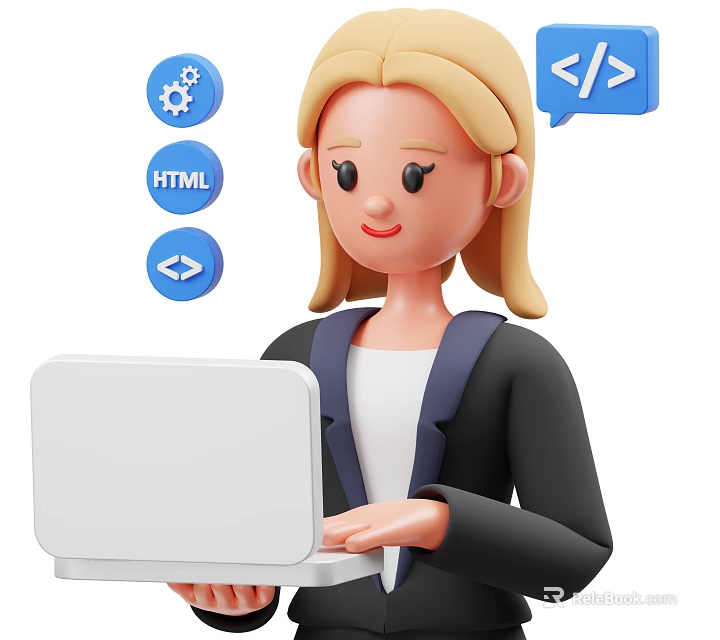 Woman Developer Working on Laptop with HTML Coding and Development Tools 3d model 