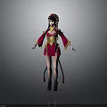 3D Female Character Model In Red And Gold Costume With Elaborate Headdress And Twin Ponytails