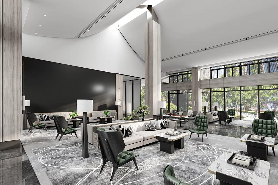 Modern Sales Office Interior Design With Spacious Layout Sofas Green Plants And Large Windows 3d model