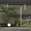 Tranquil Indoor Landscape With Gray Stone Wall Vertical Lights Green Plants Rocks And Round Lamp