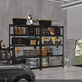 Organized Garage With Metal Shelves Tools Storage Bins Tires And Black Sports Car