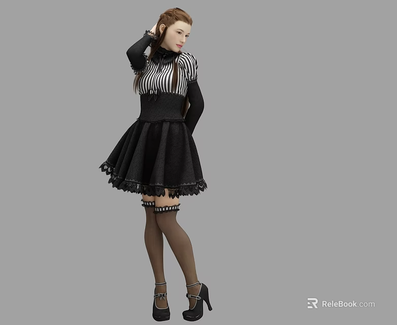 Woman Wearing Black And White Striped Top With Black Lace Dress High Heels And Stockings 3d model 