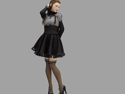 Woman Wearing Black And White Striped Top With Black Lace Dress High Heels And Stockings 3d model