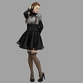 Woman Wearing Black And White Striped Top With Black Lace Dress High Heels And Stockings
